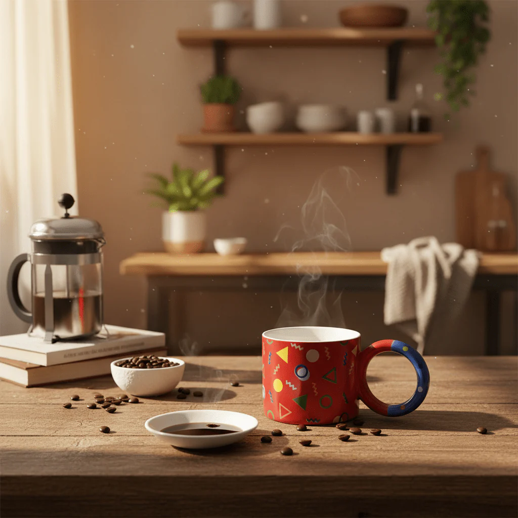 Memphis Geometric Ceramic Mug — 380ml | Bold Colorful Design with Circular Handle - Image 2