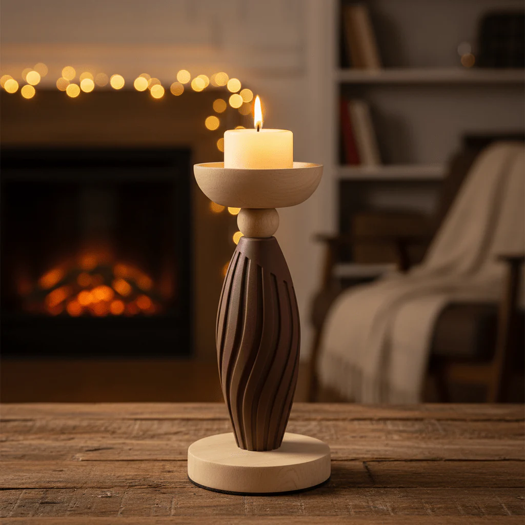 Two-Tone Wooden and Plastic Candle Holder 22.5cm – Brown & Natural Decorative Pillar Stand - Image 2