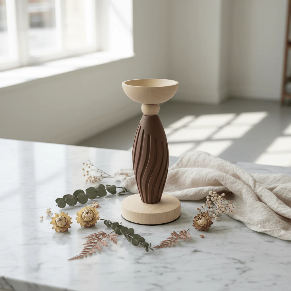 Two-Tone Wooden and Plastic Candle Holder 22.5cm – Brown & Natural Decorative Pillar Stand - Image 3