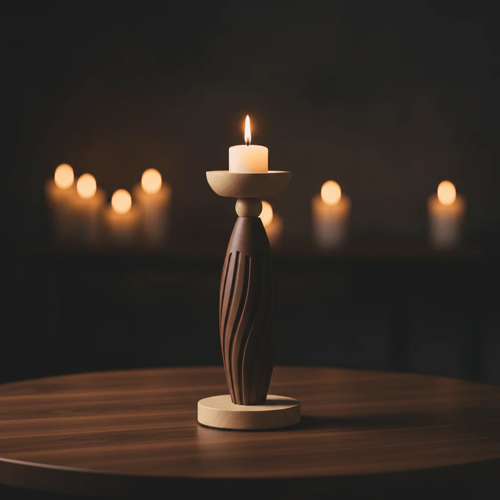 Artisan Two-Tone Candle Holder | Brown Plastic & Natural Wood | 26cm - Image 2
