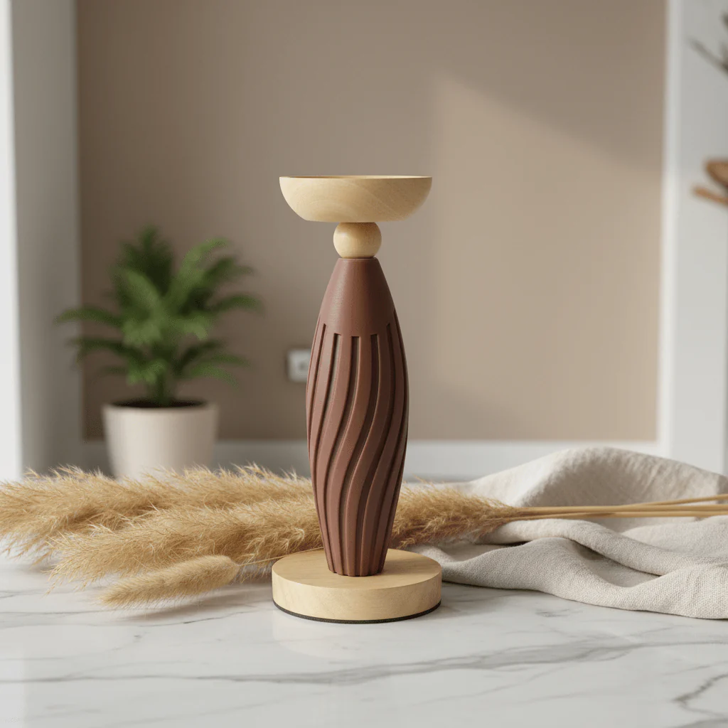 Artisan Two-Tone Candle Holder | Brown Plastic & Natural Wood | 26cm - Image 3