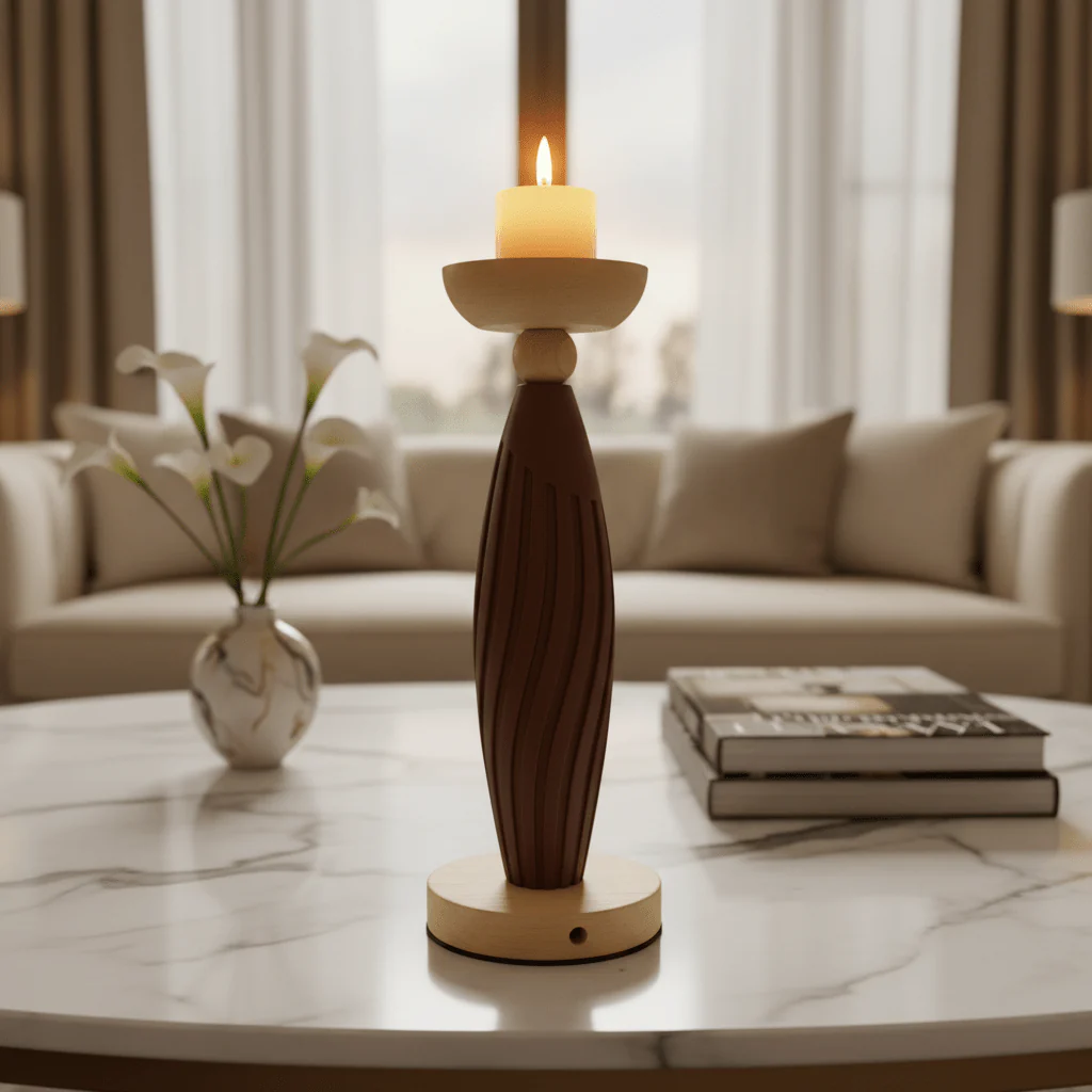 Brown & Natural Wood Candle Holder – 29cm Decorative Pillar Stand - Image 2