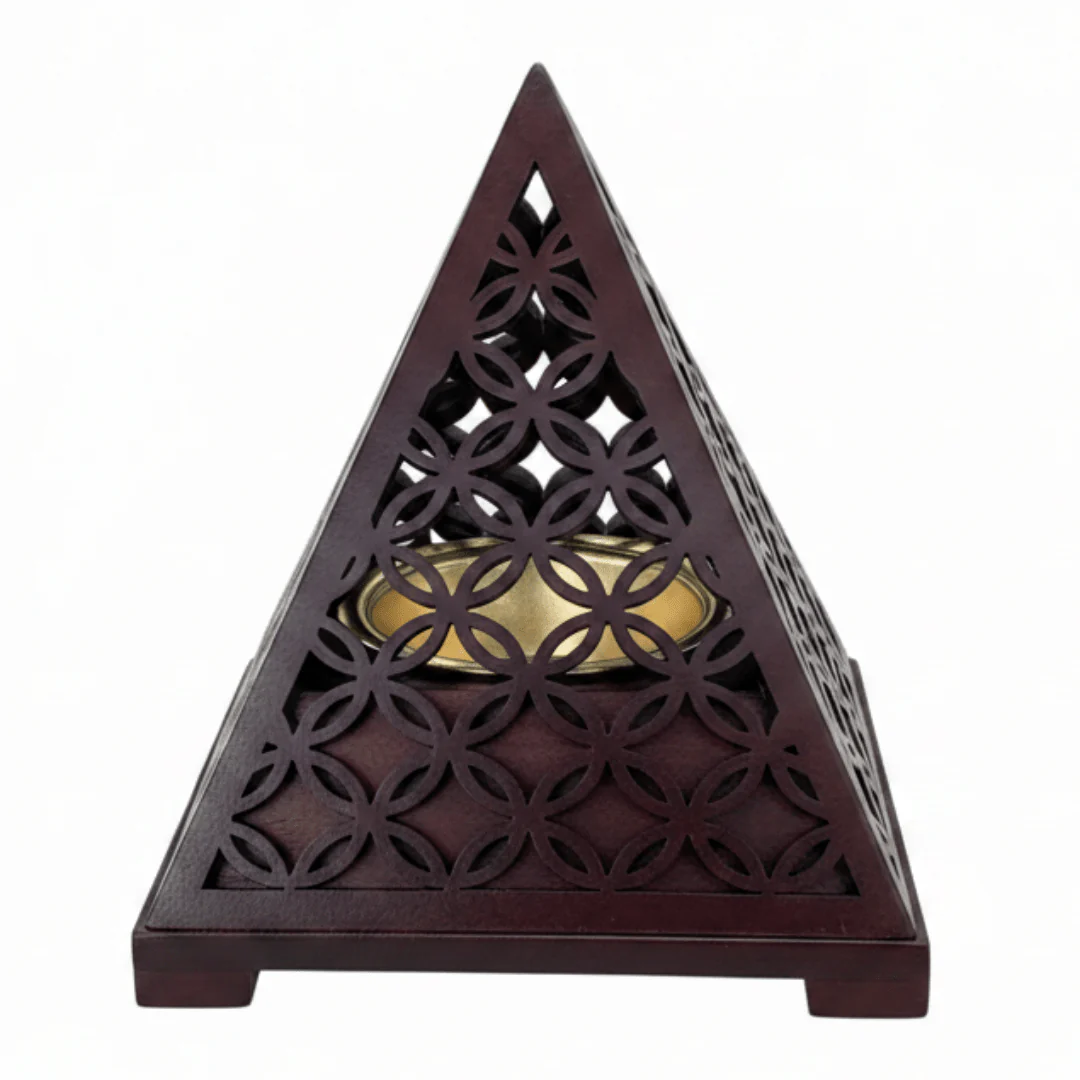 Pyramid Incense Burner — Dark Mahogany Wood with Gold Brass Cup | 14×11cm