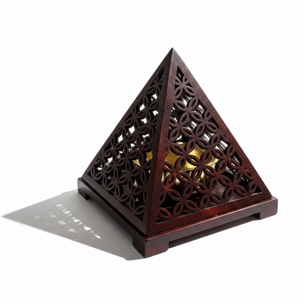 Pyramid Incense Burner — Dark Mahogany Wood with Gold Brass Cup | 14×11cm - Image 3