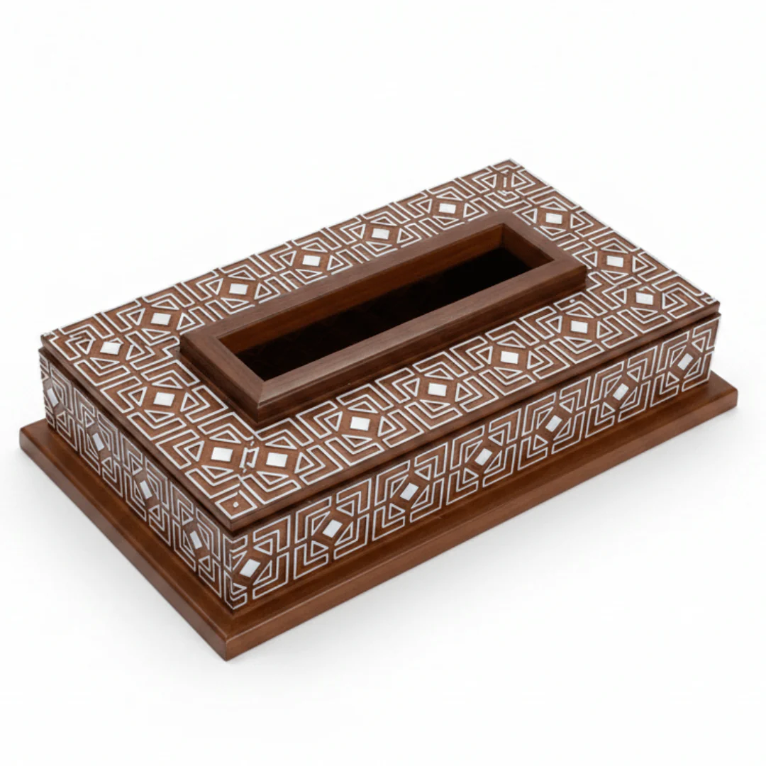 Handcrafted Arabic Geometric Wooden Tissue Box | Brown | 23×12cm