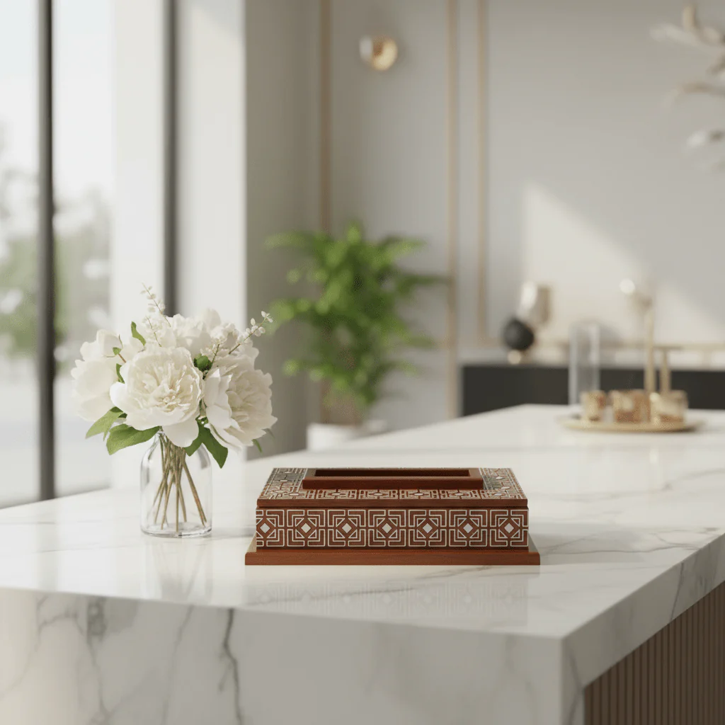 Handcrafted Arabic Geometric Wooden Tissue Box | Brown | 23×12cm - Image 4