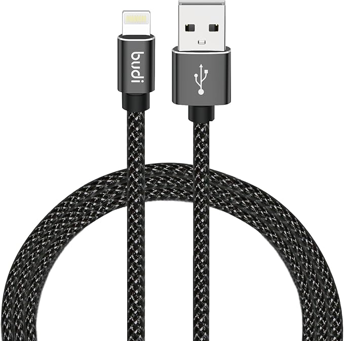 BUDI iPhone, iPad Lightning Charging Cable (5V/2.4A), Nylon Braided,3 meter, Black