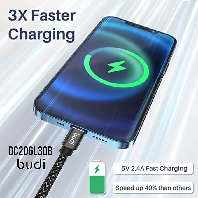 BUDI iPhone, iPad Lightning Charging Cable (5V/2.4A), Nylon Braided,3 meter, Black - Image 2