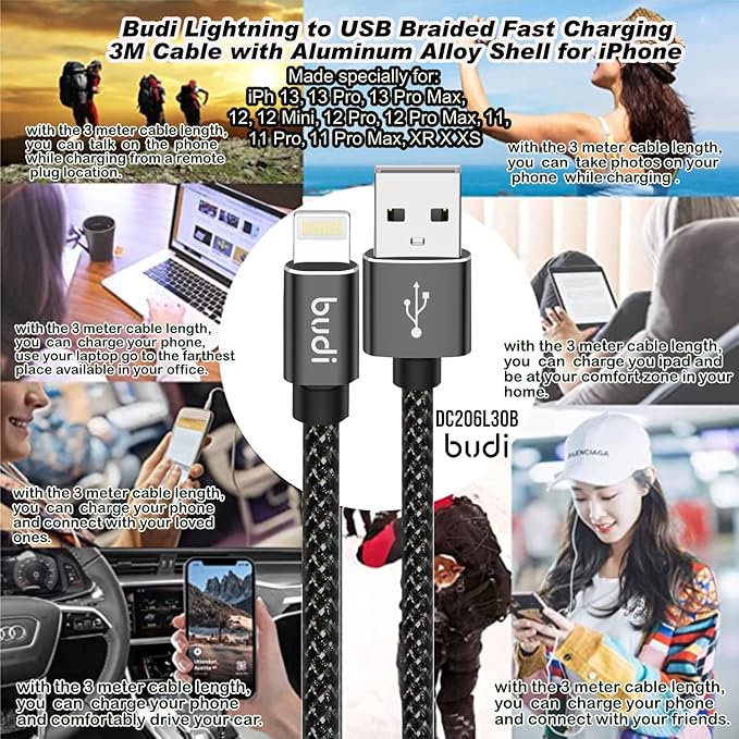 BUDI iPhone, iPad Lightning Charging Cable (5V/2.4A), Nylon Braided,3 meter, Black - Image 3