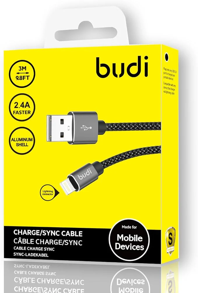 BUDI iPhone, iPad Lightning Charging Cable (5V/2.4A), Nylon Braided,3 meter, Black - Image 4