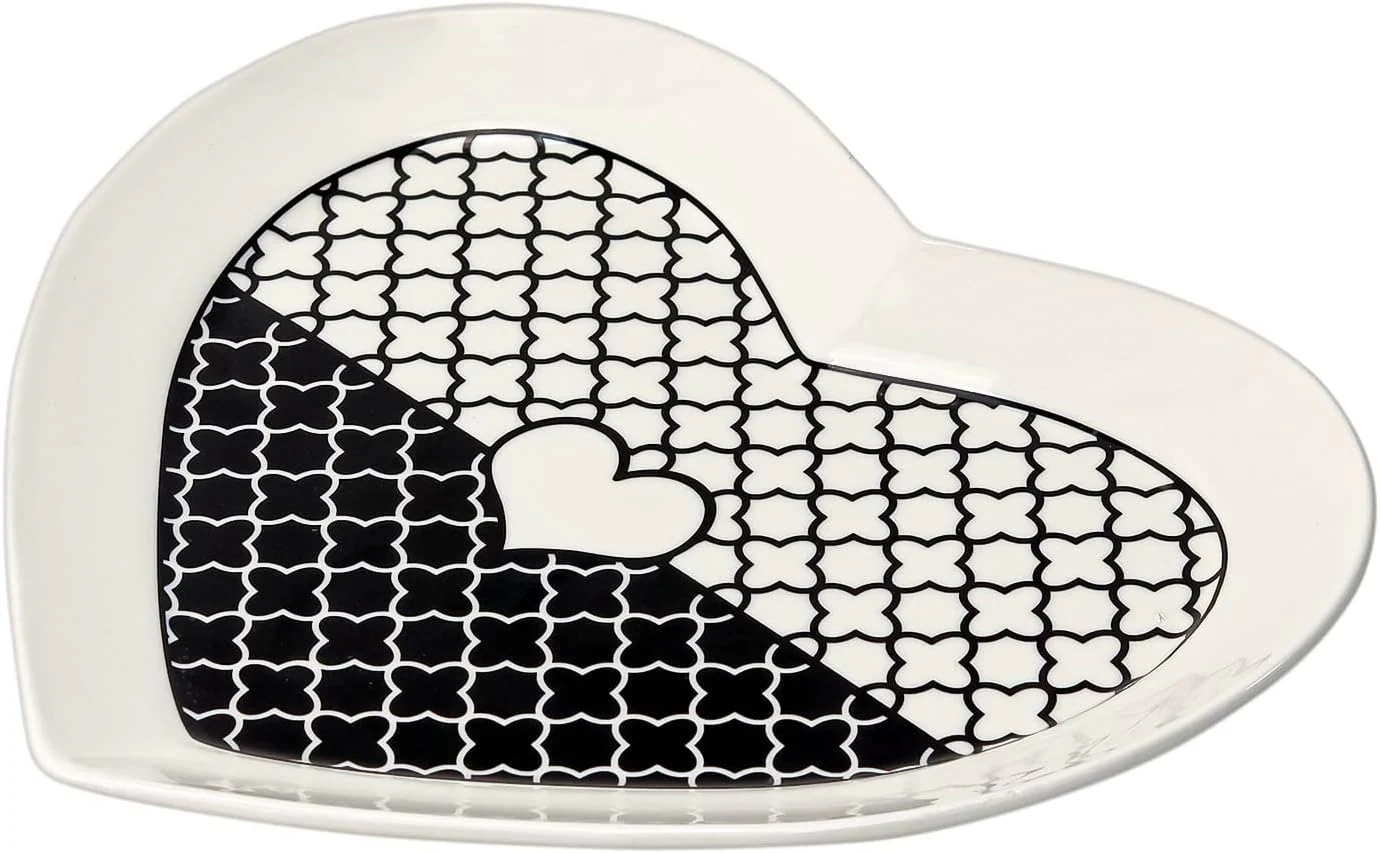AKDC Ceramic Heart Shape Cookies Plate Lovely Design Texture in Black & White Snacks Plates Dinner Fruits Bowl Home D‚cor Dining Tableware Bowls Gift Lovers Girlfriend Wife (Snack Plate - 10" Inch)