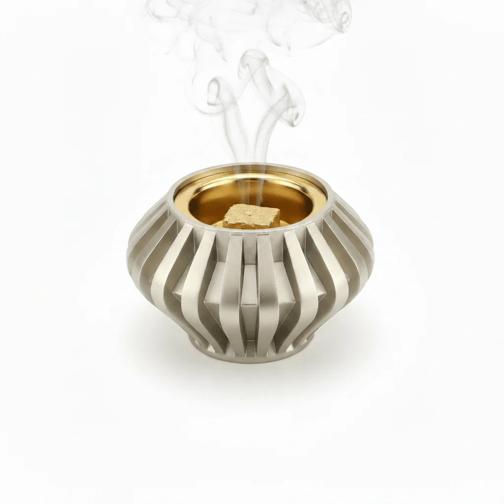 Champagne Gold Chalk Incense Burner | Ribbed Metal Mabkhara | 7cm - Image 3