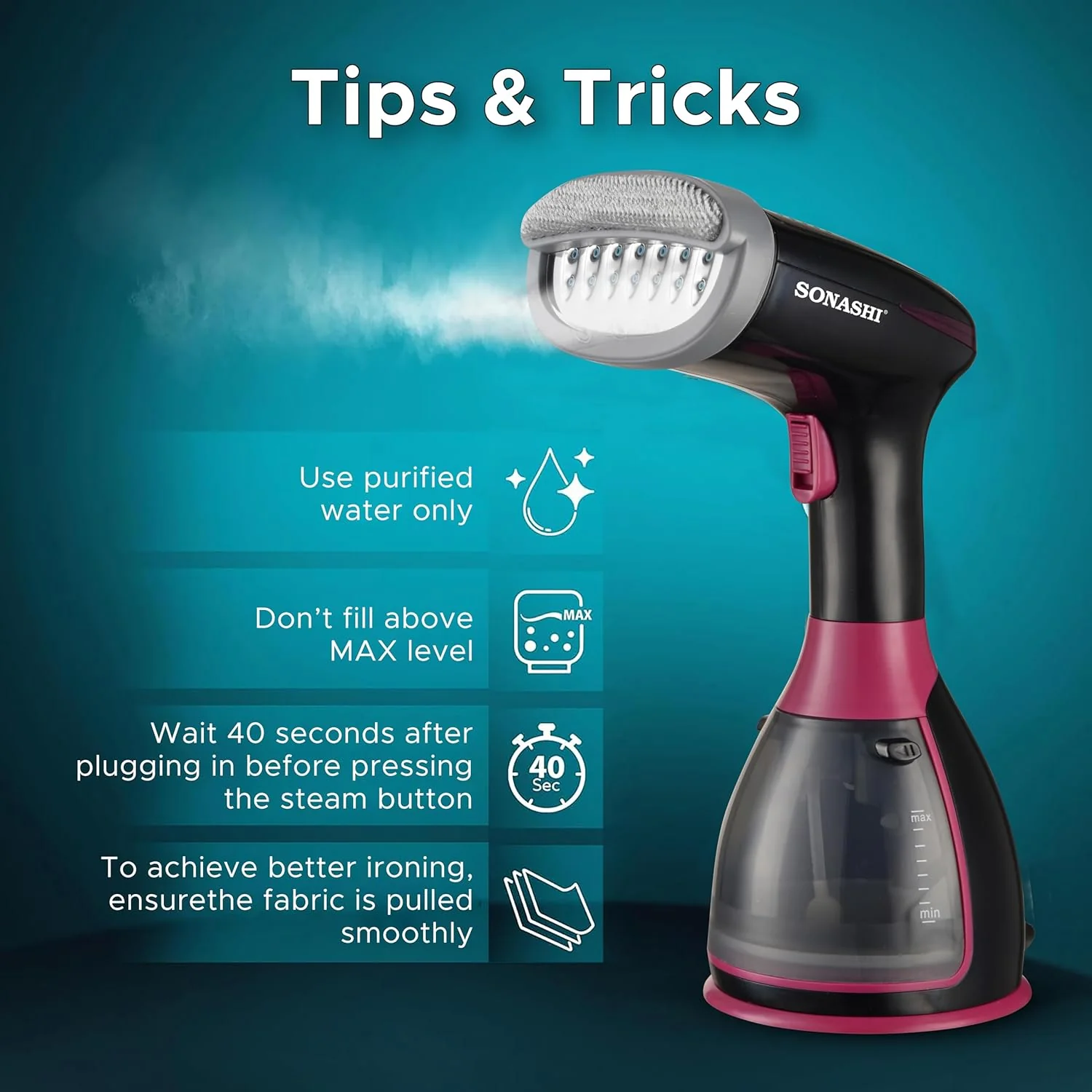 Sonashi Handheld Garment Steamer, 280ML Detachable Water Tank Capacity, Steam Rate of 25-30G/Min, Steam Lock, Compact Design, Versatile Accessories, Portable Steamer 1500W SGS-327 Black/Purple - Image 2