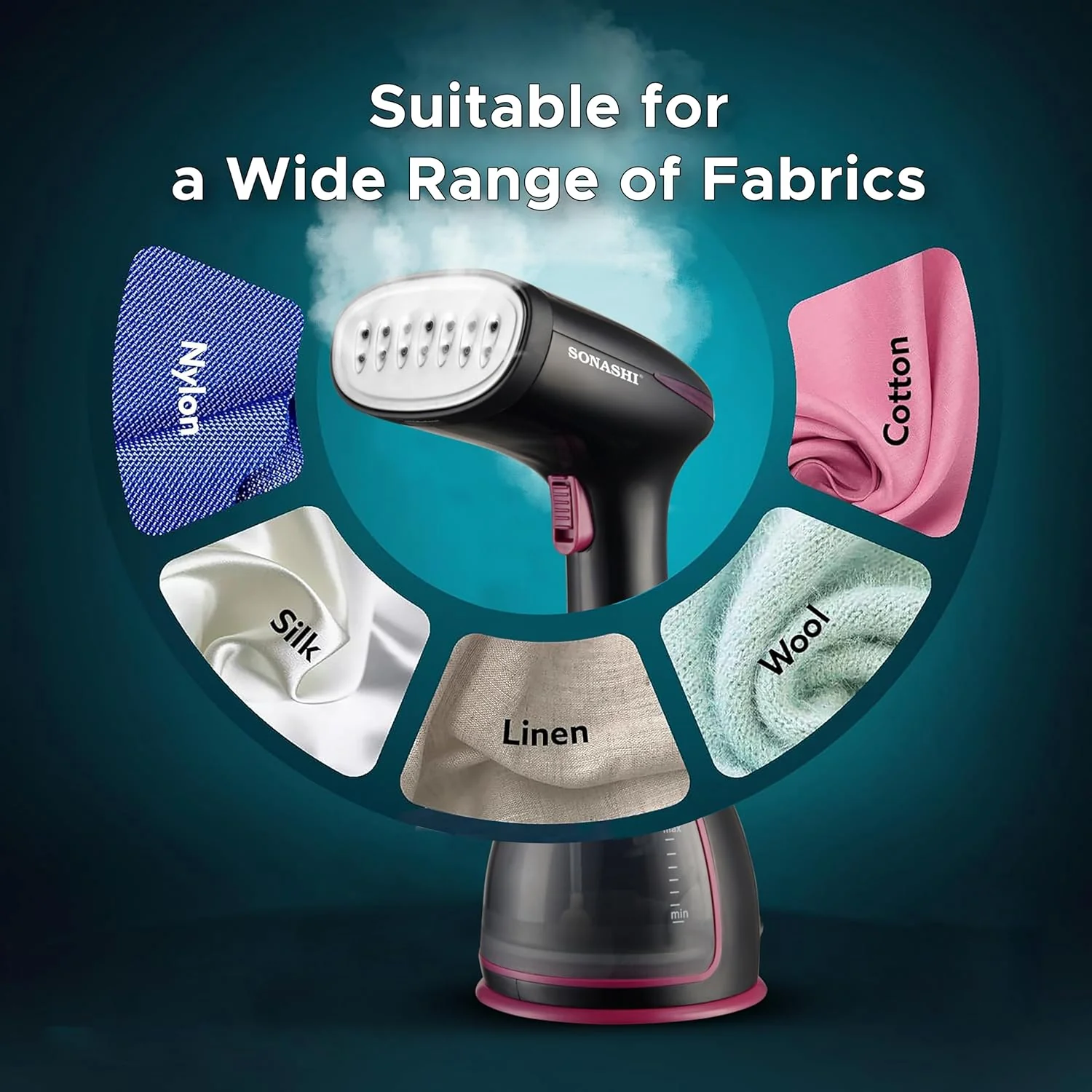 Sonashi Handheld Garment Steamer, 280ML Detachable Water Tank Capacity, Steam Rate of 25-30G/Min, Steam Lock, Compact Design, Versatile Accessories, Portable Steamer 1500W SGS-327 Black/Purple - Image 3