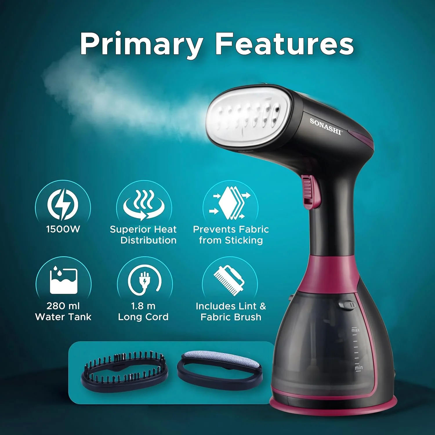 Sonashi Handheld Garment Steamer, 280ML Detachable Water Tank Capacity, Steam Rate of 25-30G/Min, Steam Lock, Compact Design, Versatile Accessories, Portable Steamer 1500W SGS-327 Black/Purple - Image 4