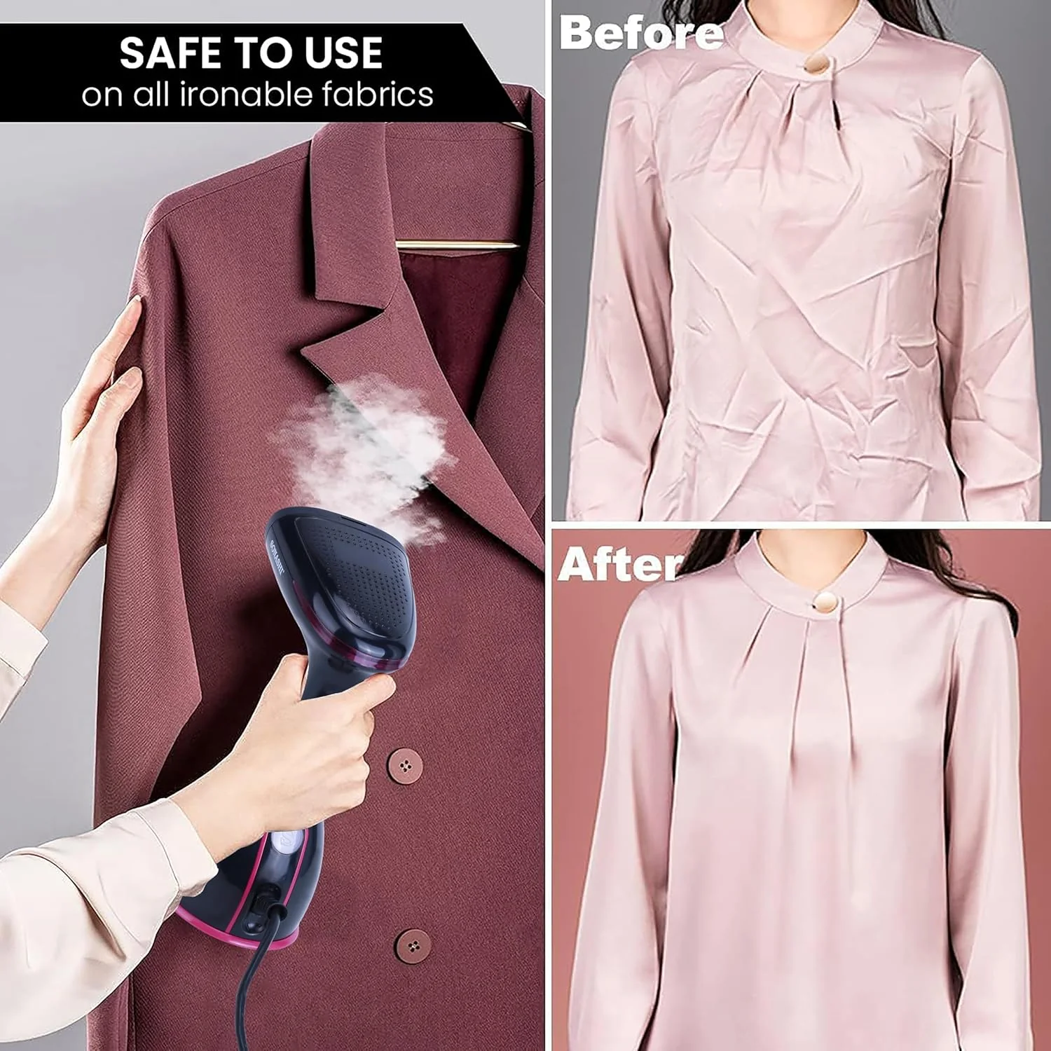 Sonashi Handheld Garment Steamer, 280ML Detachable Water Tank Capacity, Steam Rate of 25-30G/Min, Steam Lock, Compact Design, Versatile Accessories, Portable Steamer 1500W SGS-327 Black/Purple - Image 5