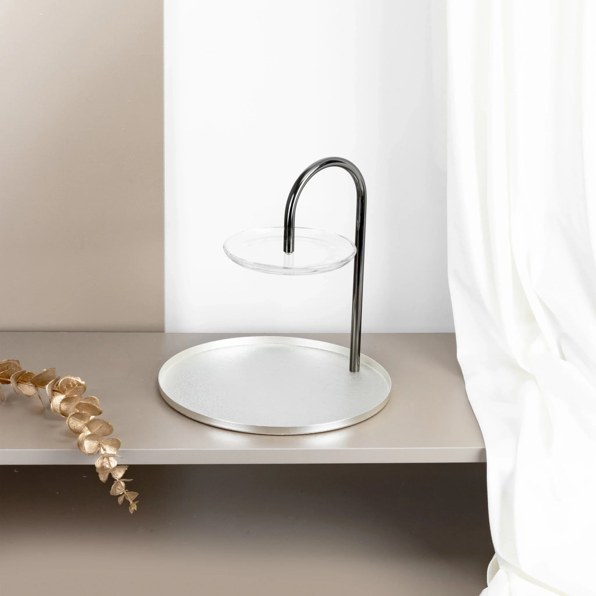 Otantik Stainless Steel Two-Tier Stand With Bracket From Nourhan - Matte Silver + Shiny Silver