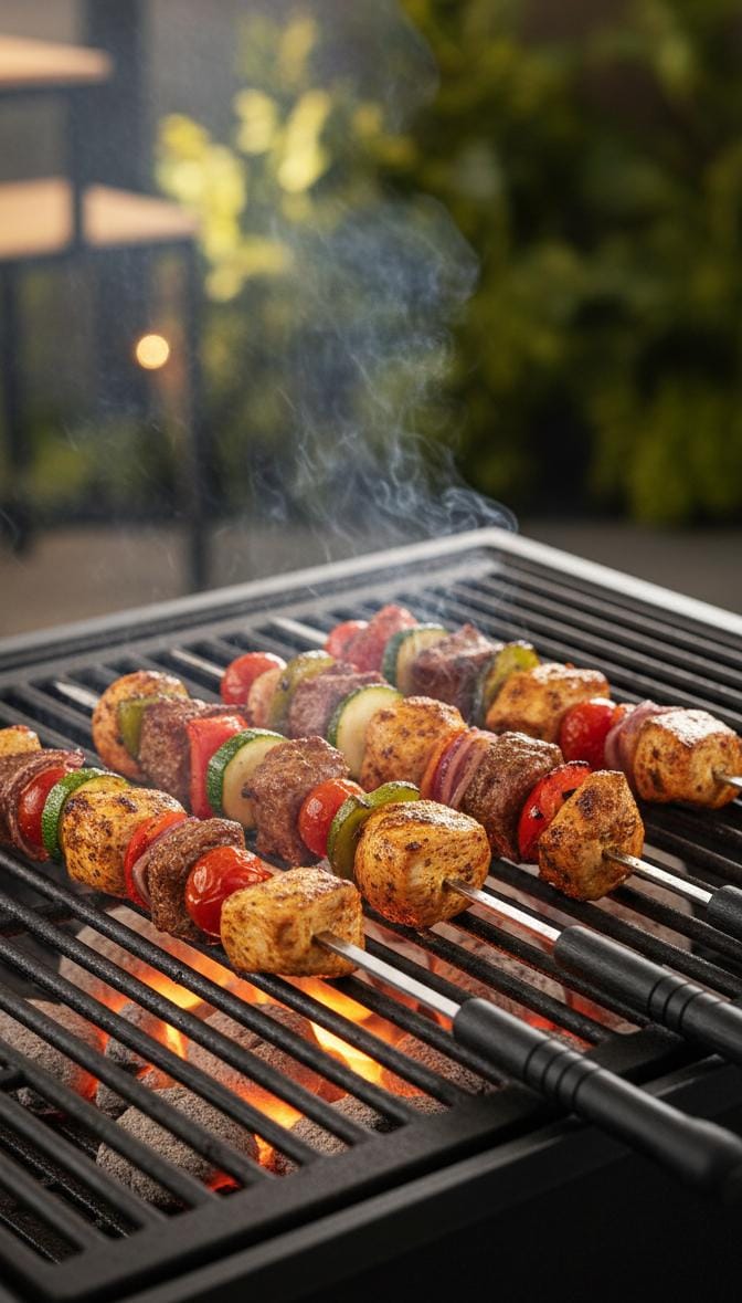 Classic BBQ Skewers Set 6 pcs 47.5 × 1.5 cm – Stainless Steel Grilling Sticks with Heat-Resistant Plastic Handles