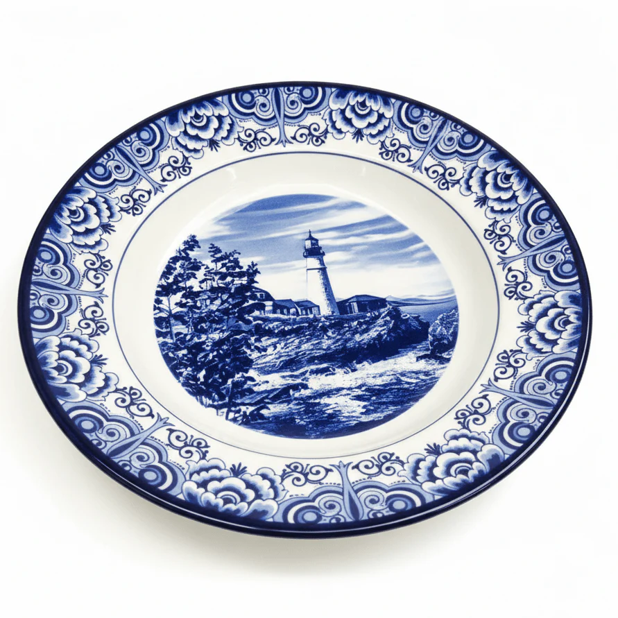Claytan Lighthouse Coastal Ceramic Deep Plate – 9.2 inch (White & Blue)