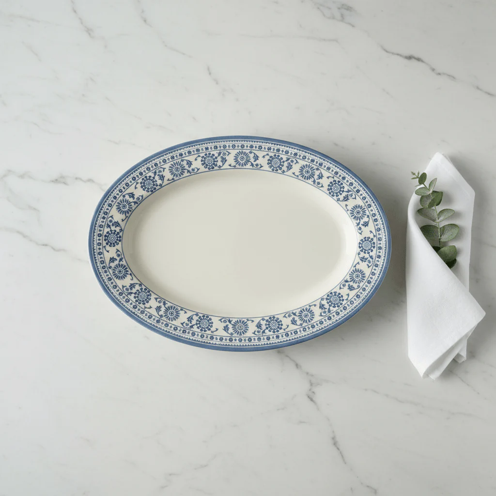 Claytan Off-White Oval Ceramic Platter with Light Blue Floral Design - 14.2 Inch - Image 2