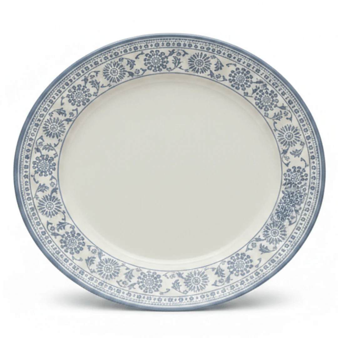 Claytan Off-White Round Ceramic Plate with Light Blue Floral Design - 12 Inch