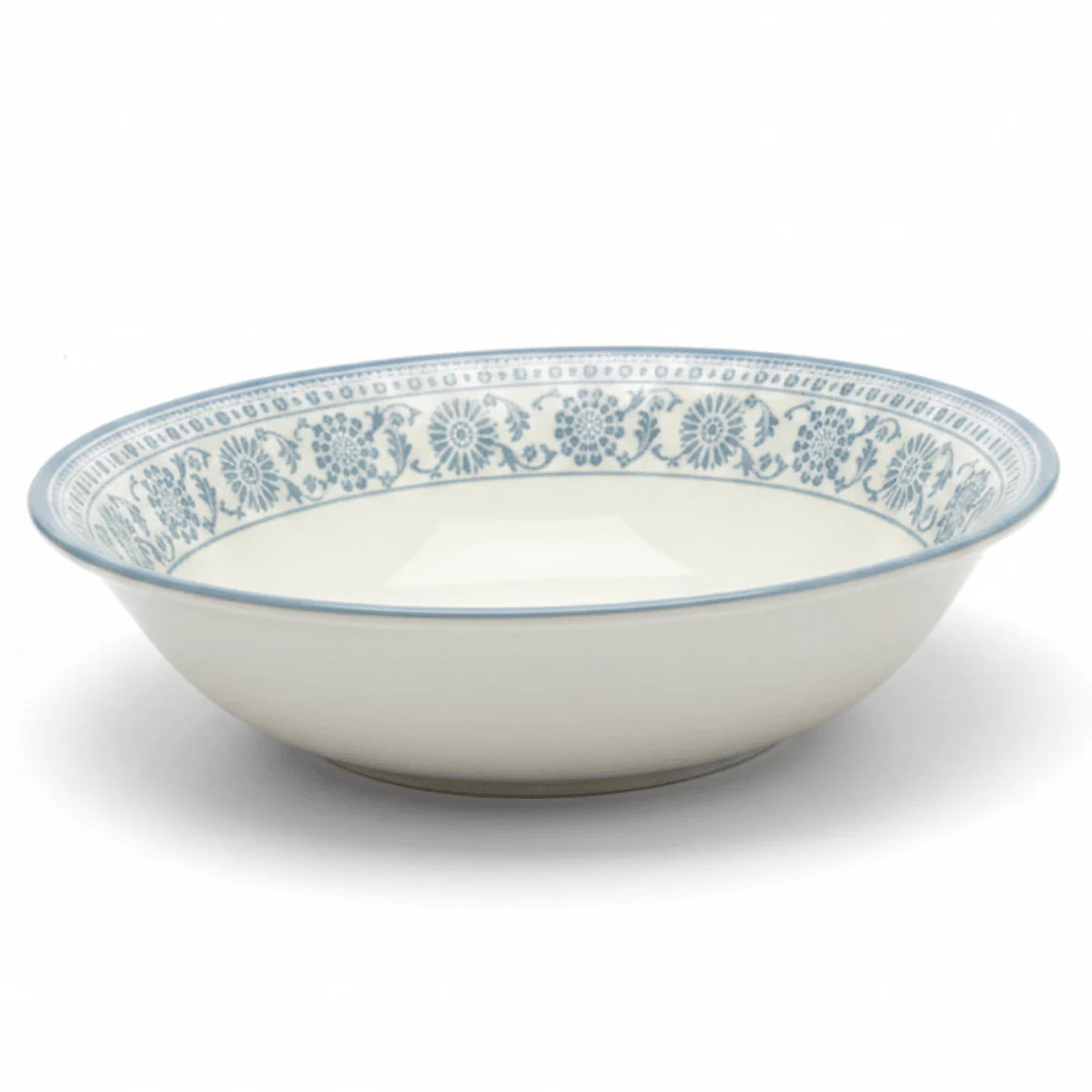 Claytan Off-White Round Ceramic Salad Bowl with Light Blue Floral Design - 9.2 Inch