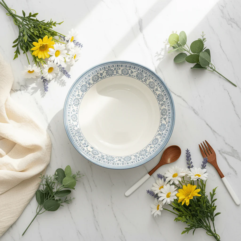 Claytan Off-White Round Ceramic Salad Bowl with Light Blue Floral Design - 9.2 Inch - Image 4
