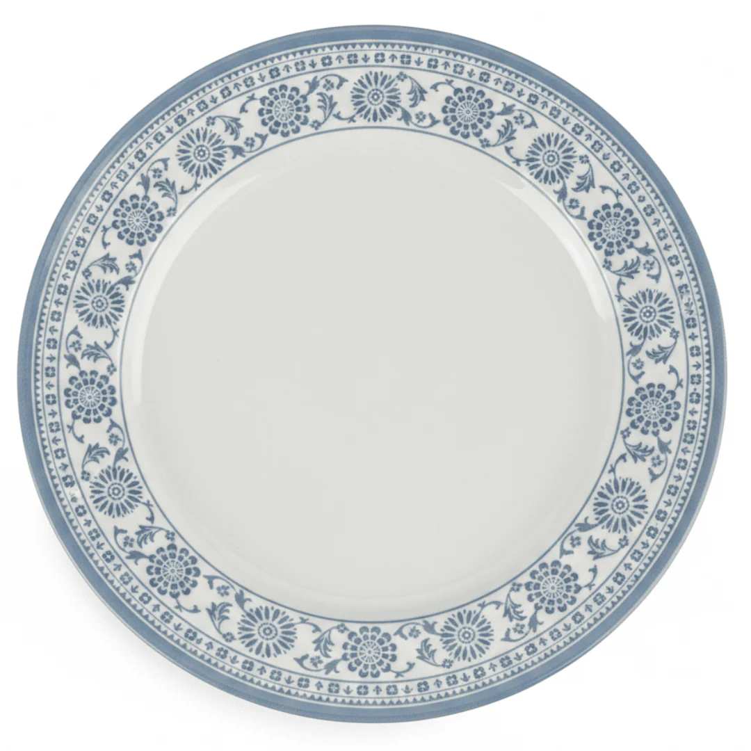 Claytan White Round Ceramic Dinner Plate with Light Blue Floral Design - 10.5 Inch