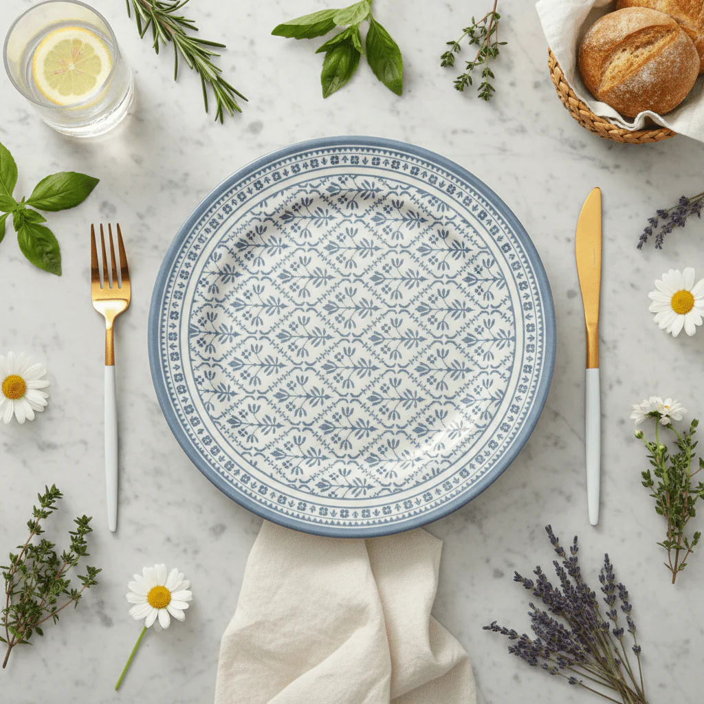 Claytan White Round Ceramic Salad Plate with Light Blue Floral Design - 8.2 Inch - Image 4