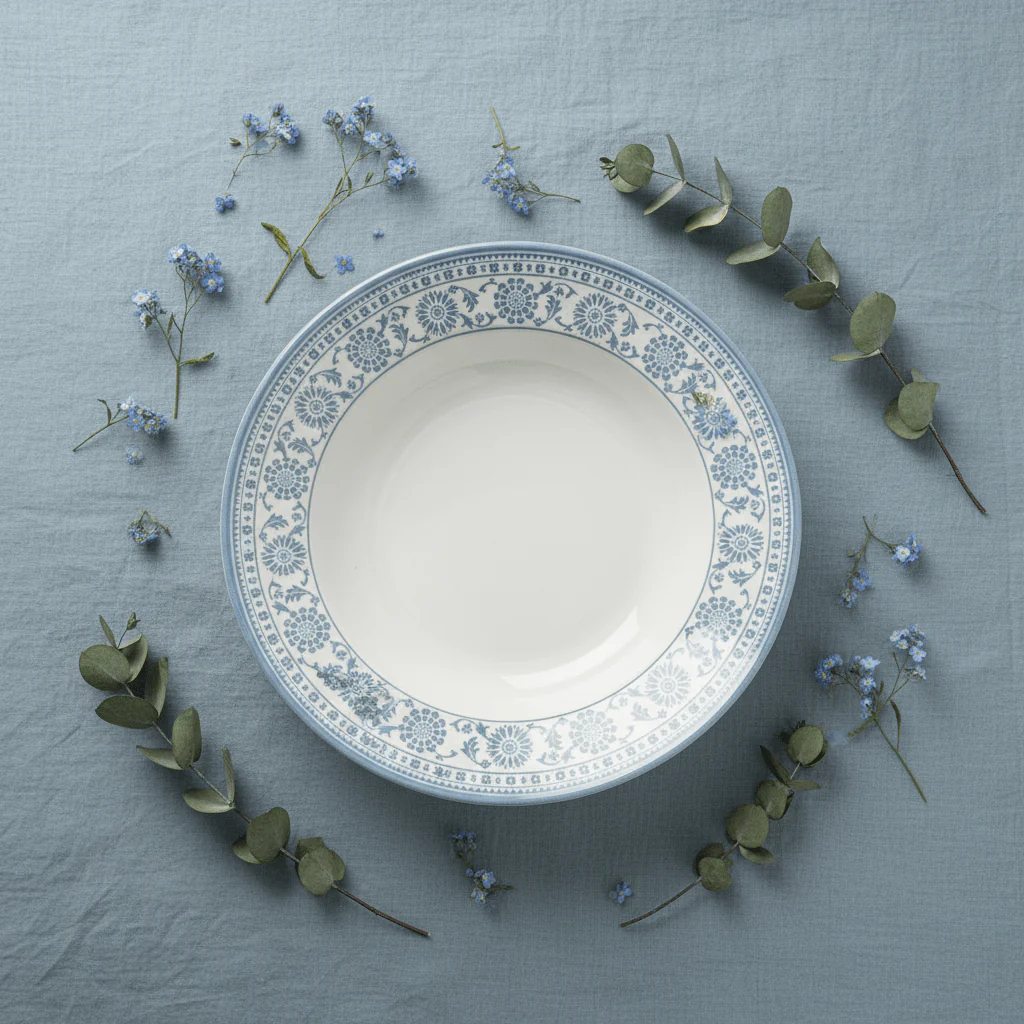 Claytan White Round Ceramic Soup Plate with Light Blue Floral Design - 9.1 Inch - Image 4