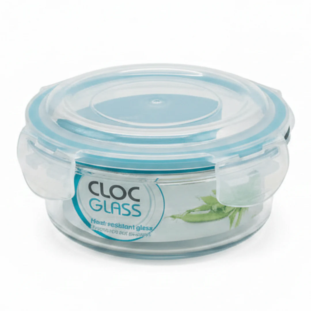 Cloc Round Glass Food Storage Container with Strong Airtight Plastic Lid – Durable and Reusable – 620 ml