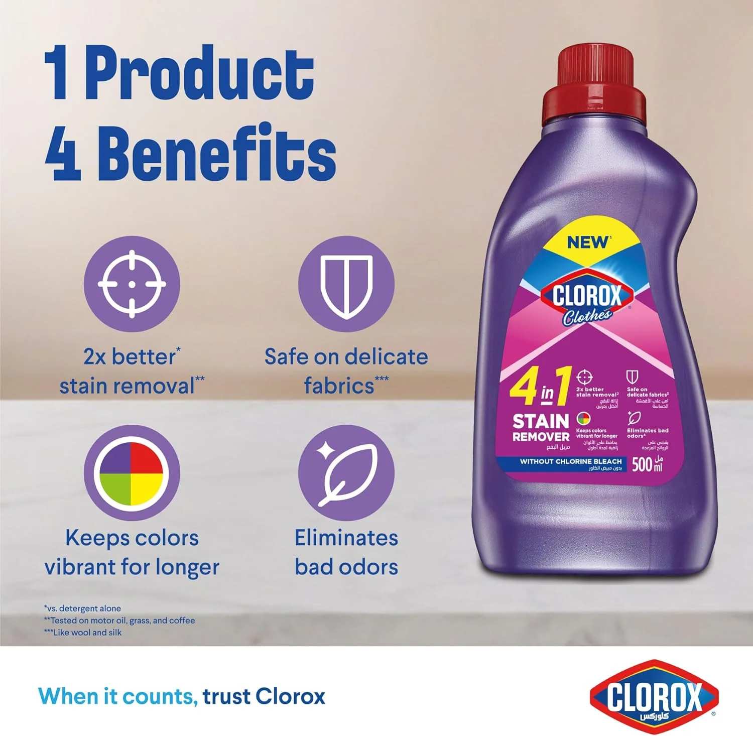 Clorox Clothes 4-in-1 Stain Remover 500ml, Without Chlorine Bleach, Keep Colors Vibrant for Longer - Image 4
