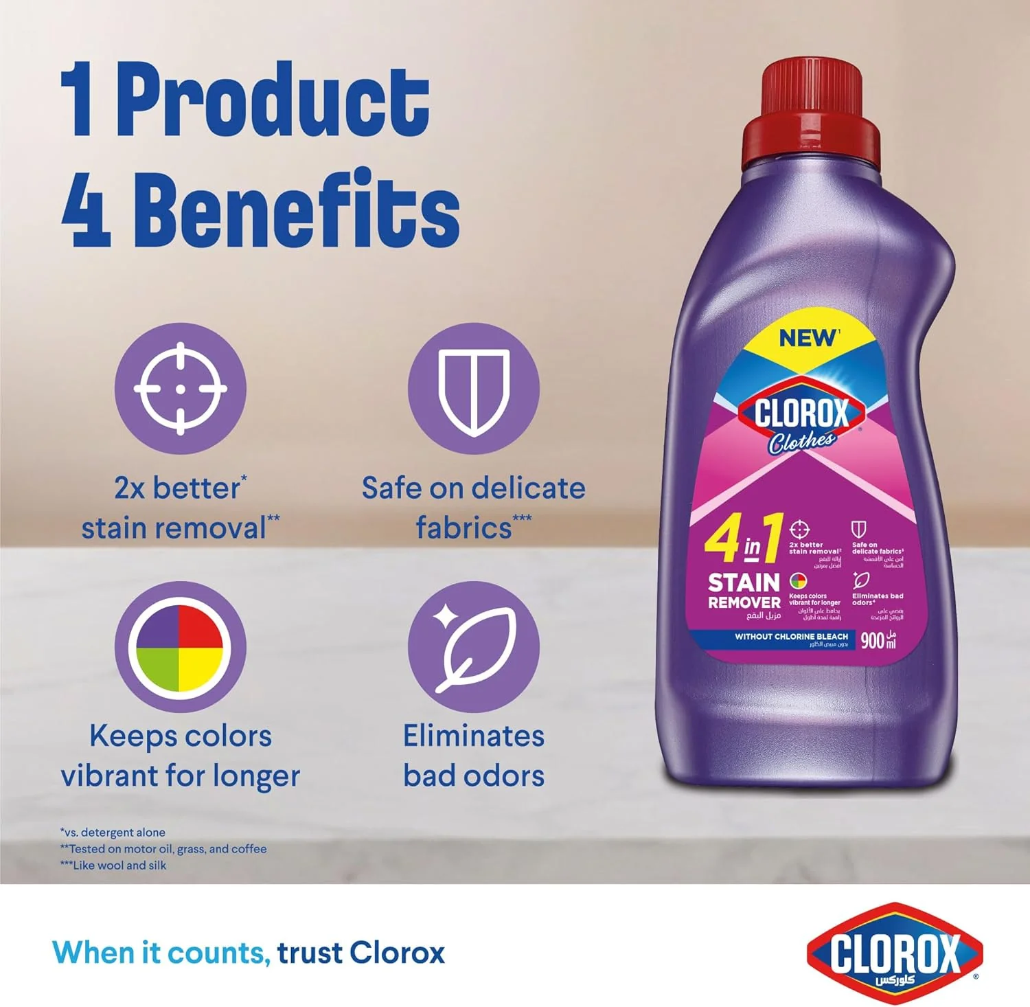 Clorox Clothes 4-in-1 Stain Remover 900ml, Without Chlorine Bleach, Keep Colors Vibrant for Longer - Image 3