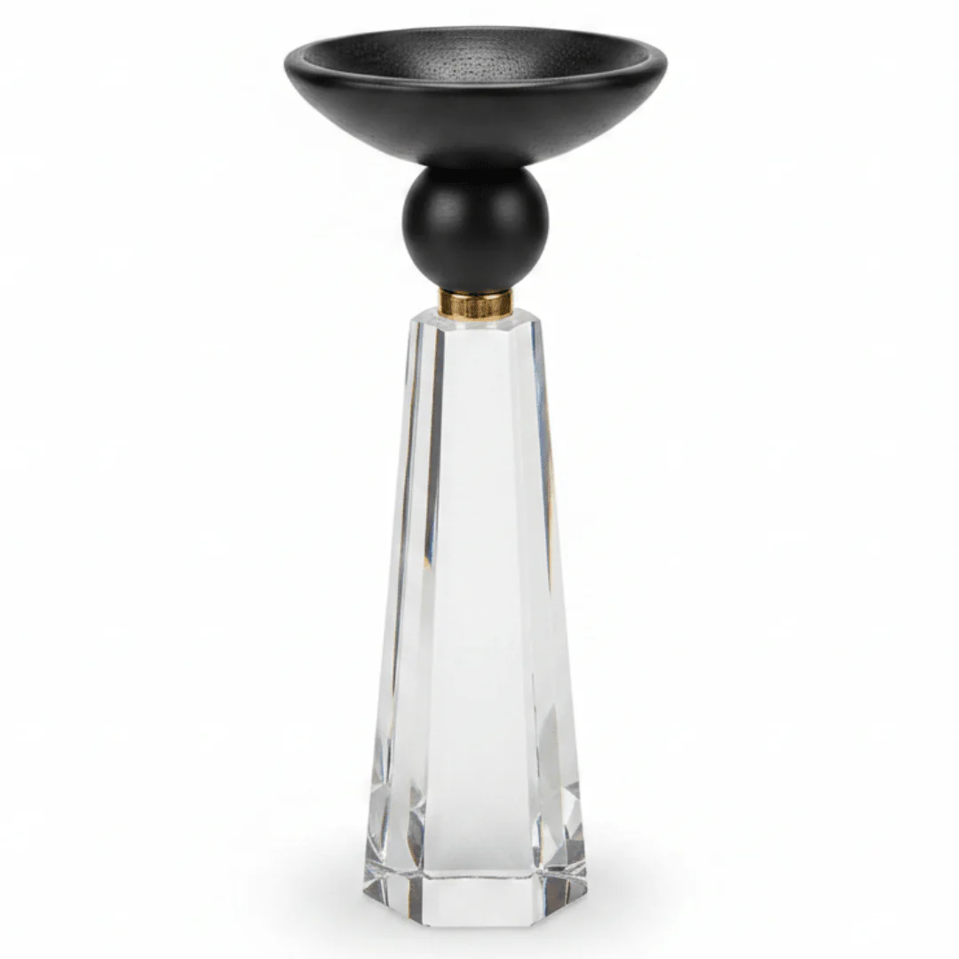 Contemporary Crystal & Black Wooden Decorative Candle Holder for Luxury Home Décor – 18cm