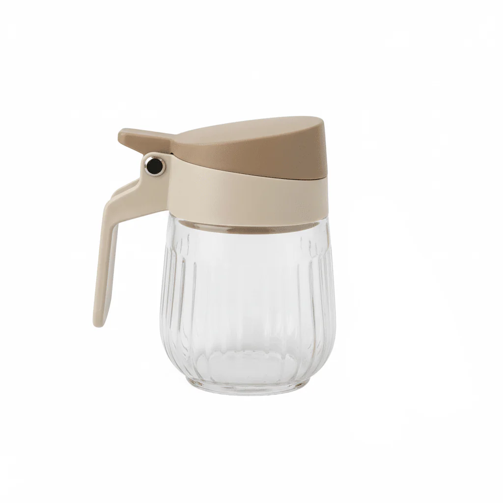 Costin Ribbed Glass Spice Jar with Flip-Top Lid, Side Handle & Mini Spoon — Beige, 380ml