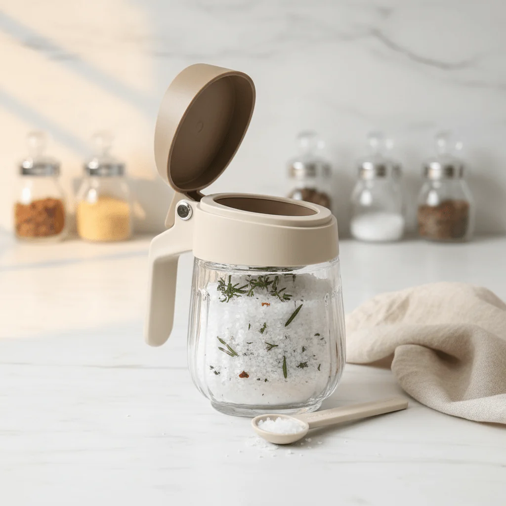 Costin Ribbed Glass Spice Jar with Flip-Top Lid, Side Handle & Mini Spoon — Beige, 380ml - Image 2