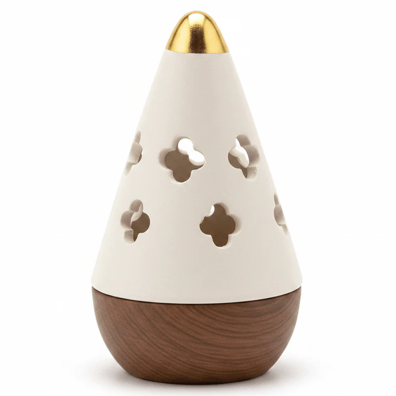 Cream & Brown Ceramic Cone Incense Burner | Quatrefoil Cutout Design | 13cm