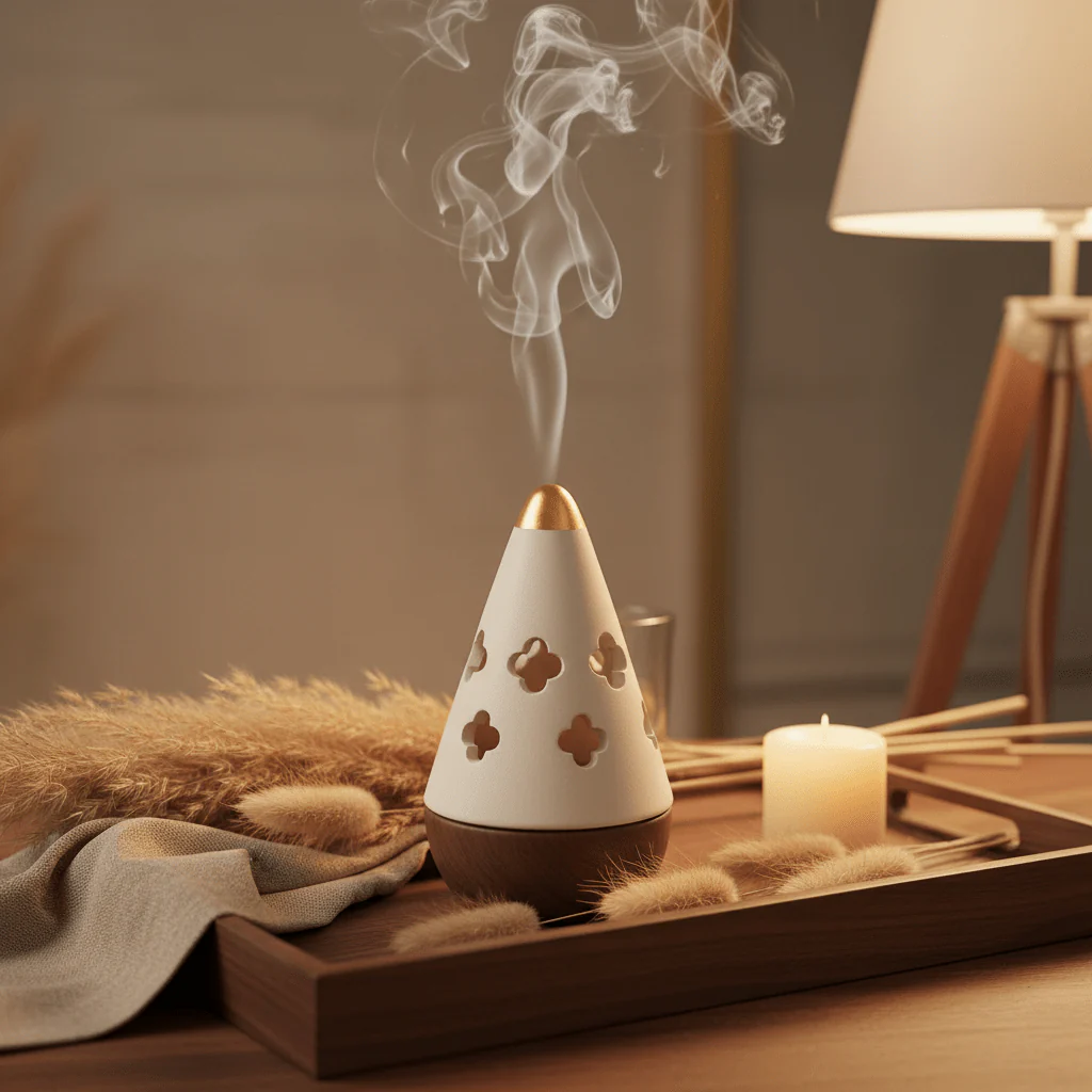 Cream & Brown Ceramic Cone Incense Burner | Quatrefoil Cutout Design | 13cm - Image 2