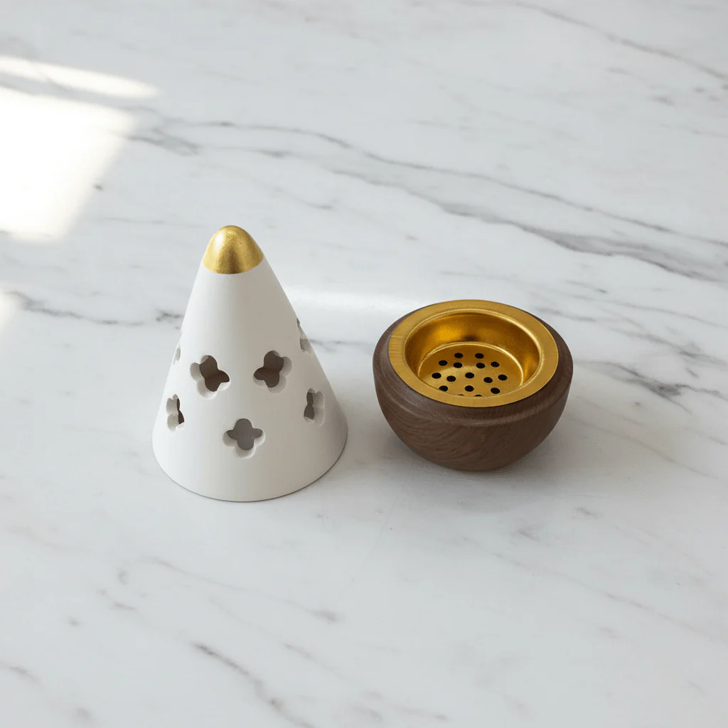 Cream & Brown Ceramic Cone Incense Burner | Quatrefoil Cutout Design | 13cm - Image 3