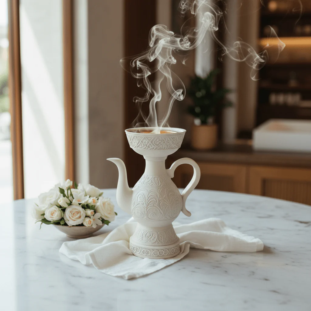 Cream Chalk Arabic Incense Burner | Ornate Floral Engraving | 18cm - Image 2