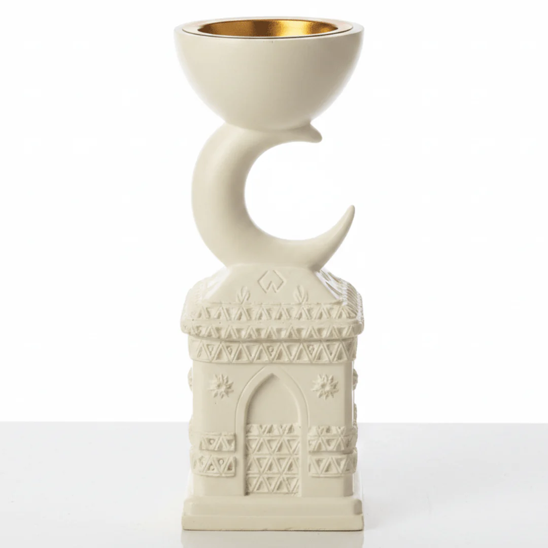 Cream Chalk Arabic Incense Burner — Crescent Moon & Mosque Design | 22cm