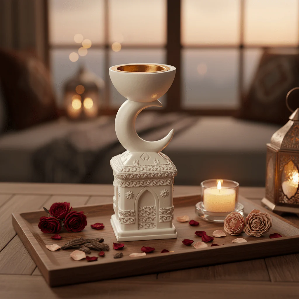 Cream Chalk Arabic Incense Burner — Crescent Moon & Mosque Design | 22cm - Image 2