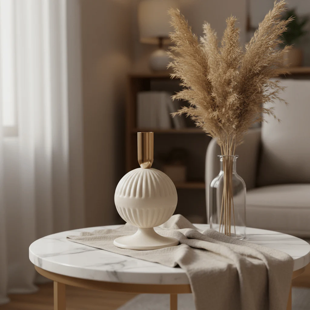 Cream & Rose Gold Metal Ribbed Candle Holder | Elegant Sphere Base | 18cm - Image 2