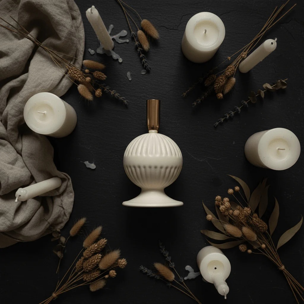Cream & Rose Gold Metal Ribbed Candle Holder | Elegant Sphere Base | 18cm - Image 3