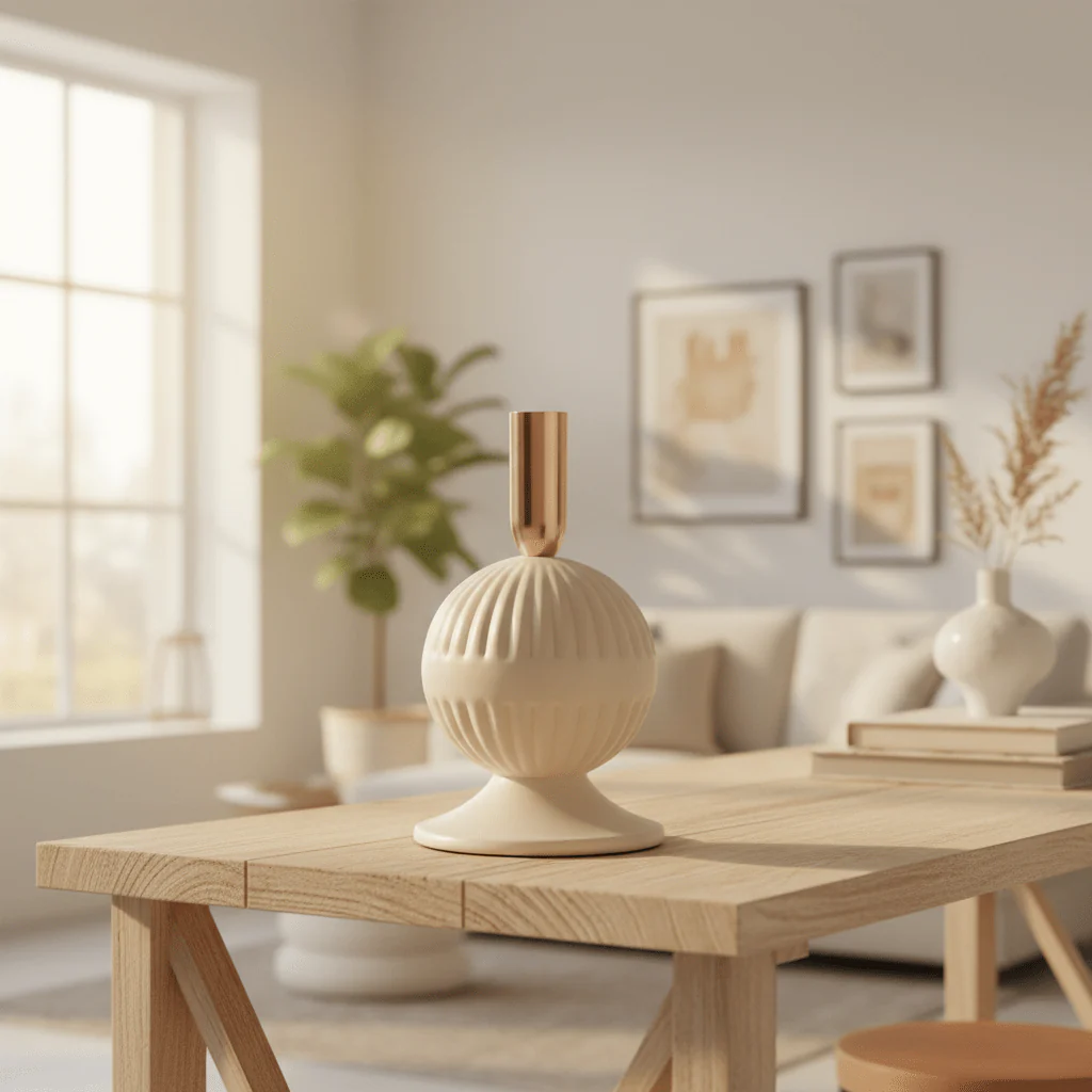Cream & Rose Gold Metal Ribbed Candle Holder | Elegant Sphere Base | 18cm - Image 4