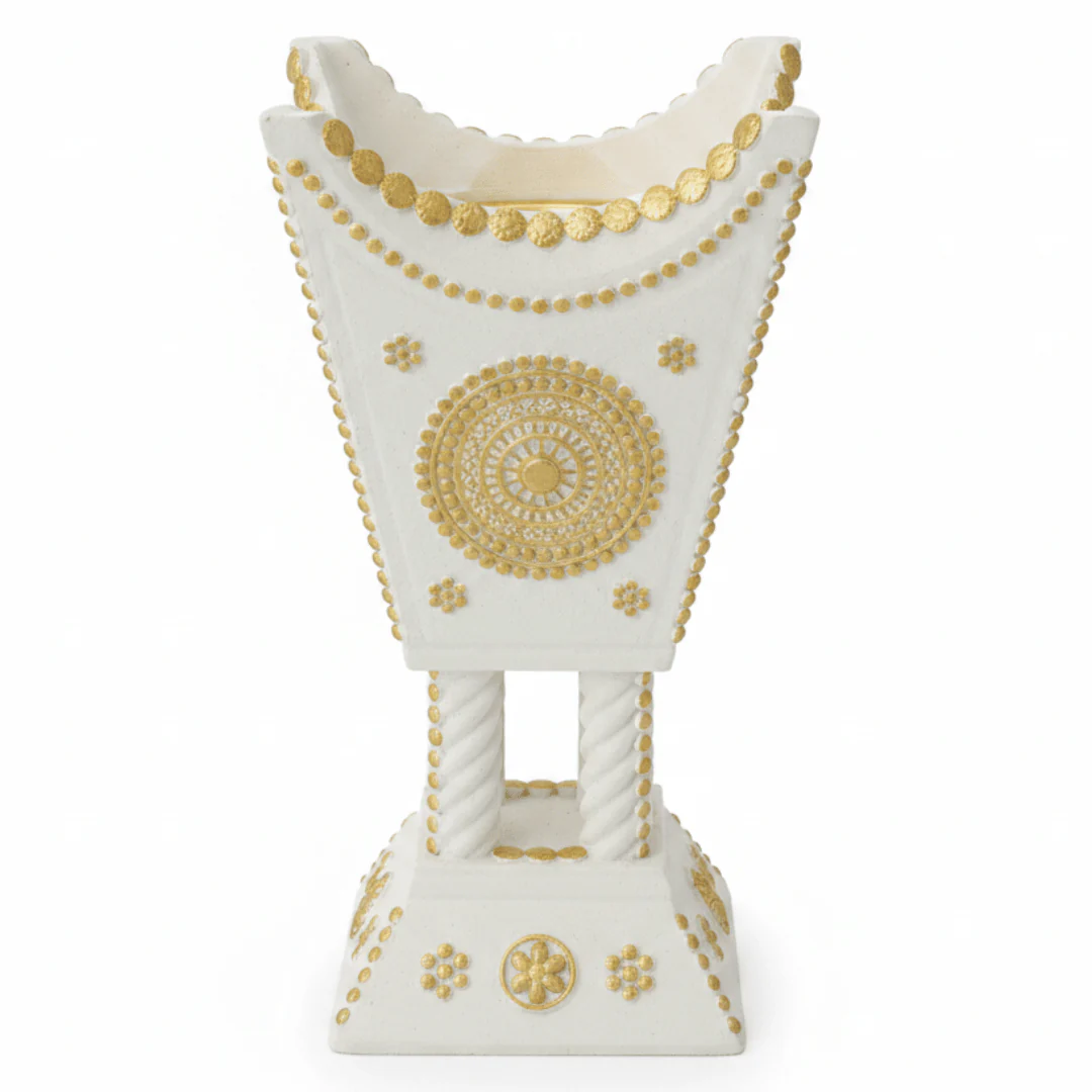 Cream & Gold Chalk Incense Burner | Arabic Majlis Bakhoor Holder | 16×7cm