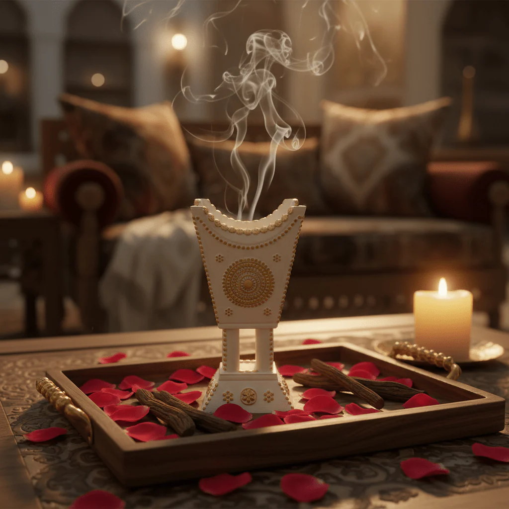 Cream & Gold Chalk Incense Burner | Arabic Majlis Bakhoor Holder | 16×7cm - Image 2