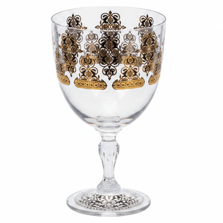 Crystal Glass Footed Stem Glass with Gold & Black Design - 9 x 16 cm