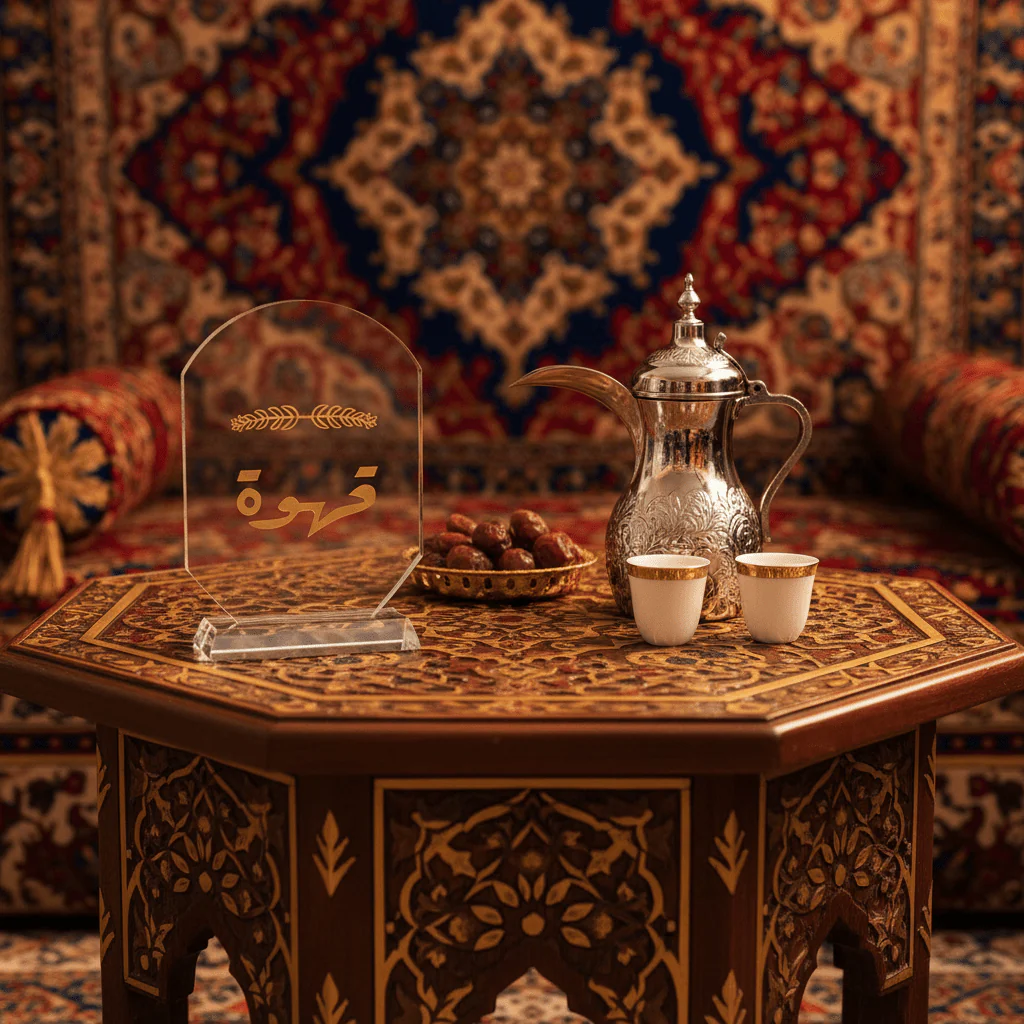 Crystal Glass Table Decor with Gold Arabic Qahwa Calligraphy Design - 9.5 x 15.5 cm - Image 2