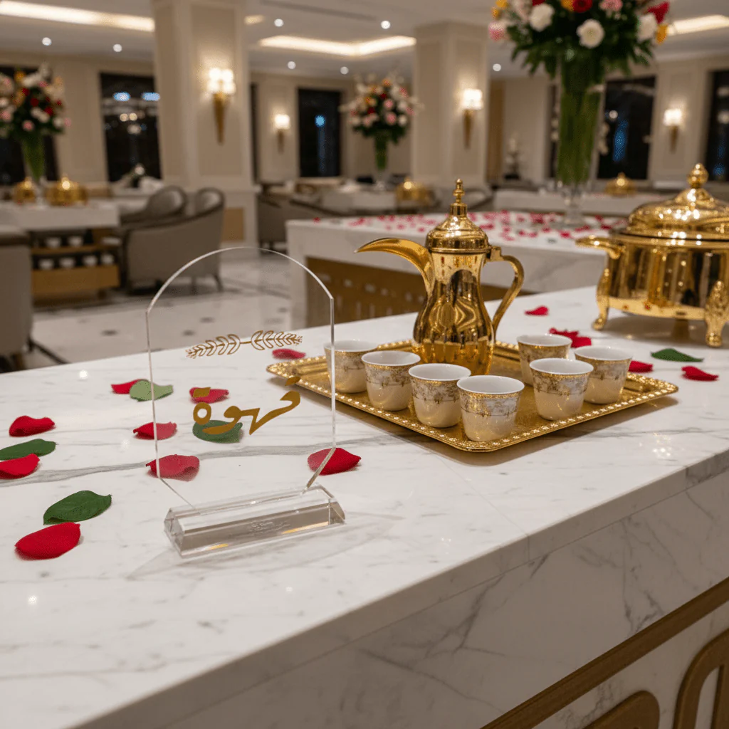 Crystal Glass Table Decor with Gold Arabic Qahwa Calligraphy Design - 9.5 x 15.5 cm - Image 3